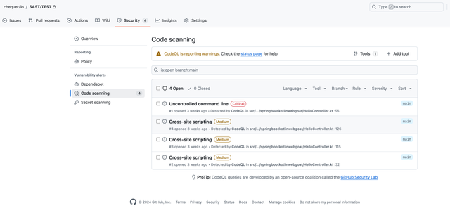 GitHub基本検出ルールによる脆弱性検出結果